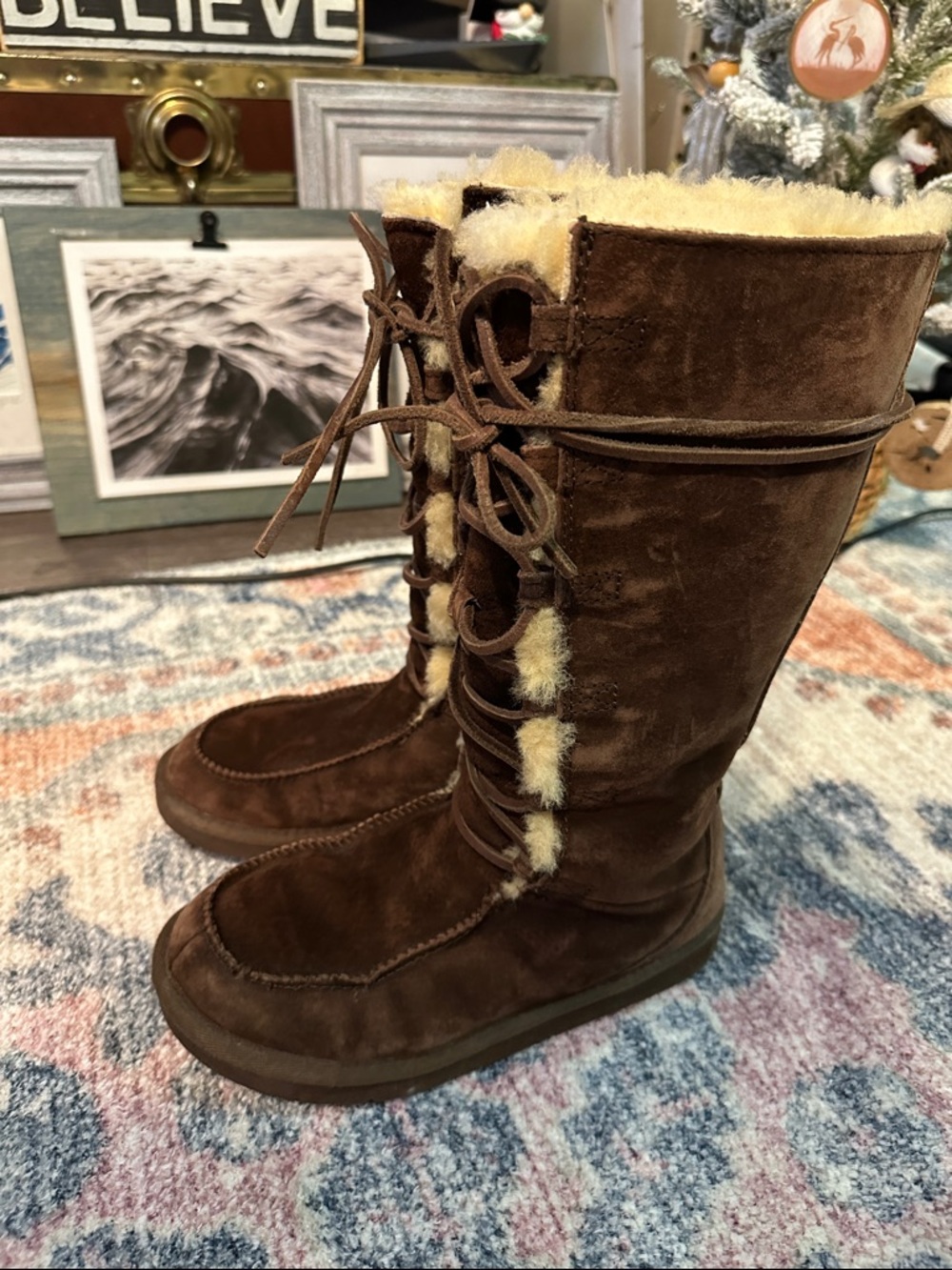 UGG Brown Suede Lace-Up Shearling Tall Uptown Winter Boots